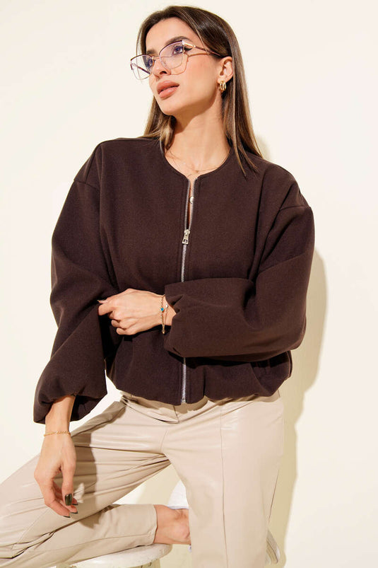 جاكيت من الكشمير بتفاصيل خصر مطاطي، بني