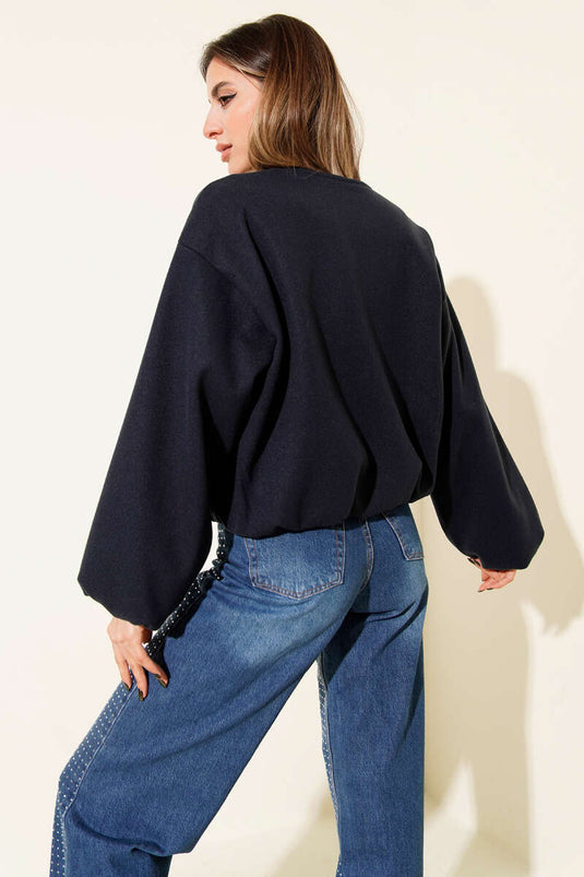 Bel Lastik Detaylı Kaşe Ceket Lacivert