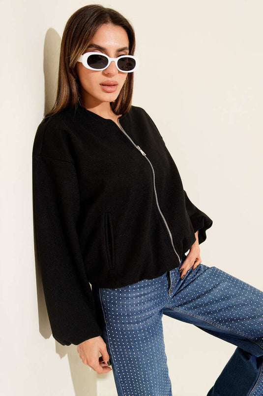 Bel Lastik Detaylı Kaşe Ceket Siyah