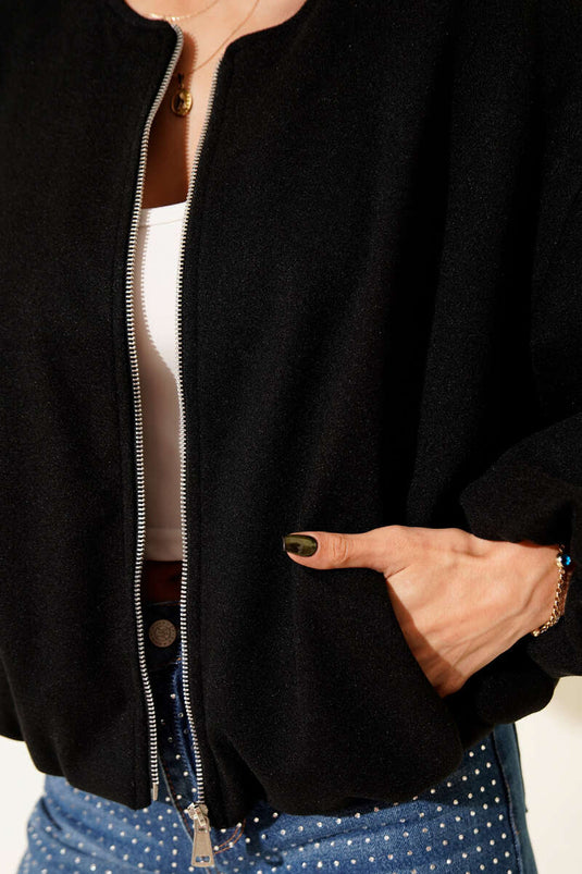 Black Cashmere Jacket with Elastic Waist Detail