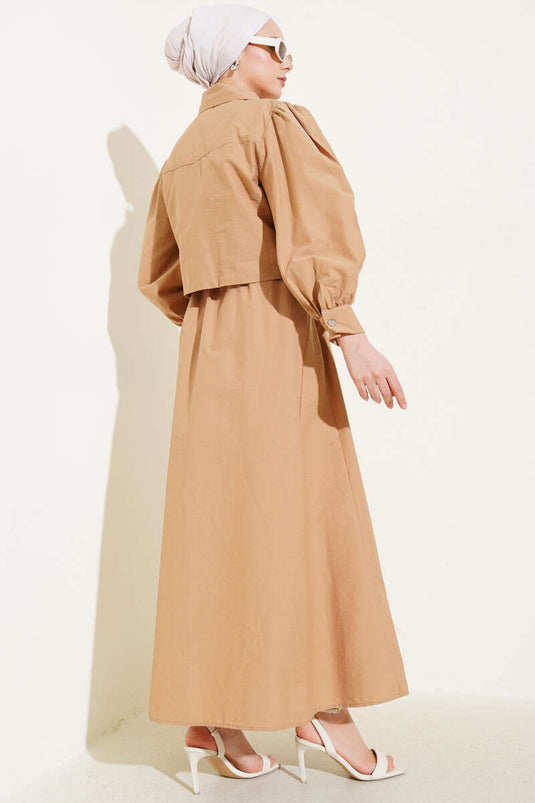 Waist Elastic Detailed Parachute Vest Two Piece Set Camel