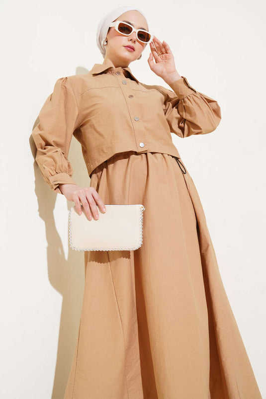 Waist Elastic Detailed Parachute Vest Two Piece Set Camel