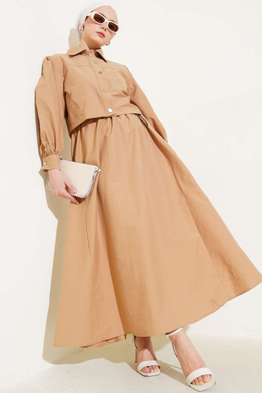 Waist Elastic Detailed Parachute Vest Two Piece Set Camel