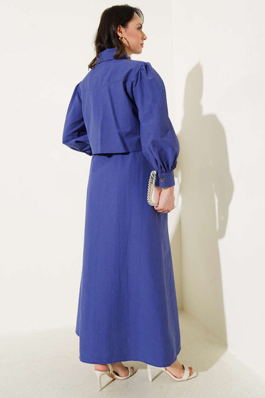 طقم من قطعتين من سترة المظلة ذات الخصر المطاطي المفصل باللون النيلي