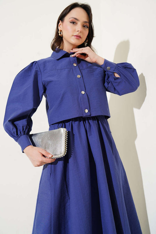 طقم من قطعتين من سترة المظلة ذات الخصر المطاطي المفصل باللون النيلي