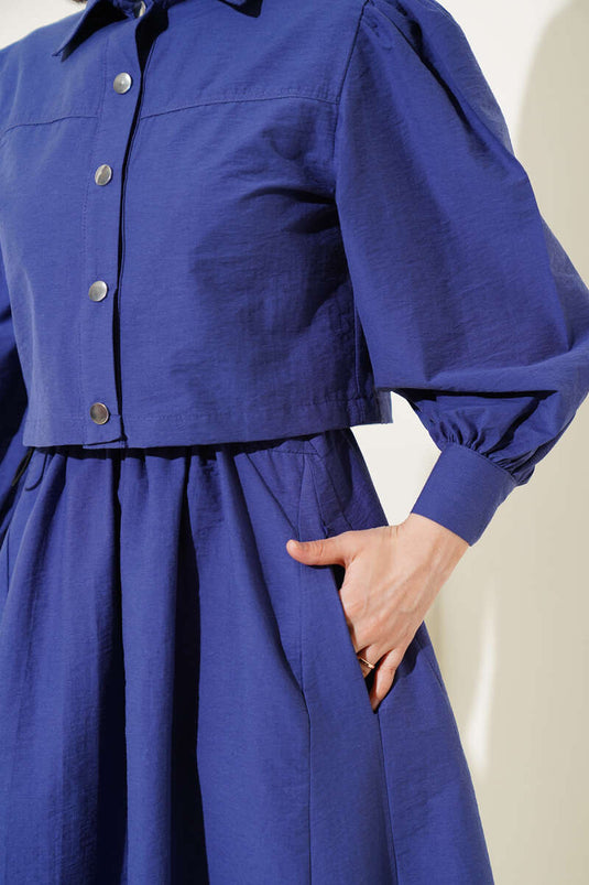 طقم من قطعتين من سترة المظلة ذات الخصر المطاطي المفصل باللون النيلي