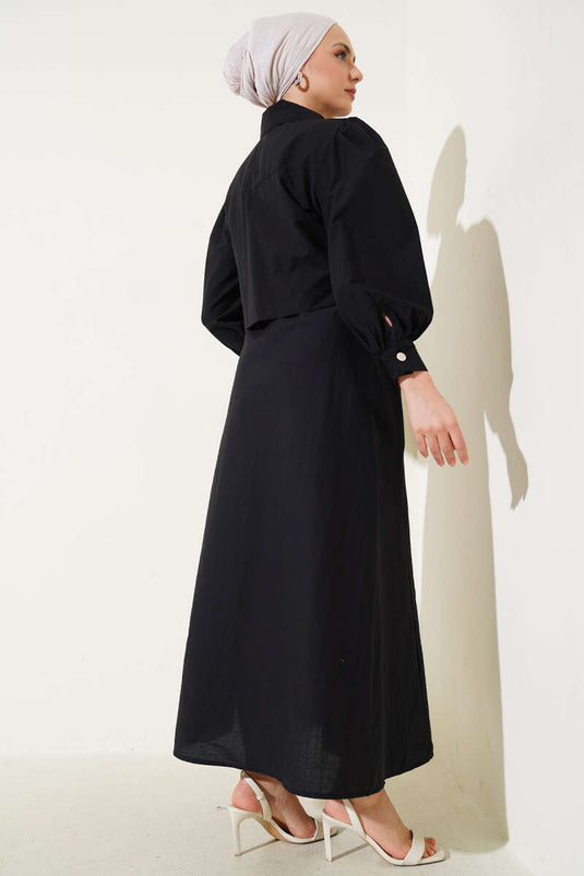 طقم من قطعتين من سترة المظلة ذات الخصر المطاطي المفصل باللون الأسود