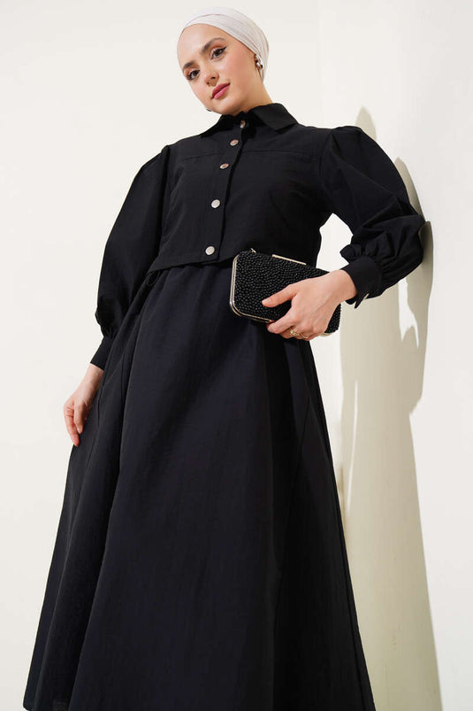 طقم من قطعتين من سترة المظلة ذات الخصر المطاطي المفصل باللون الأسود