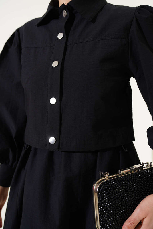 طقم من قطعتين من سترة المظلة ذات الخصر المطاطي المفصل باللون الأسود