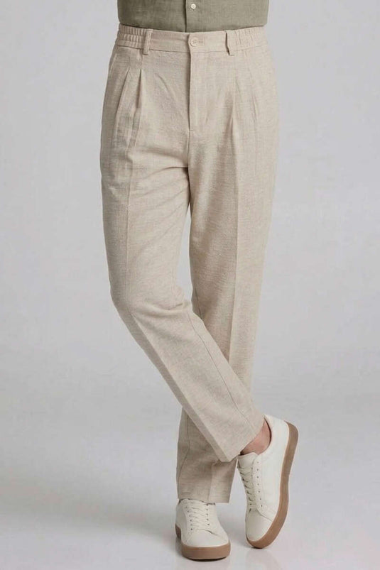 Beige Linen Men's Pants with Belt Elastic Detail and Pleats