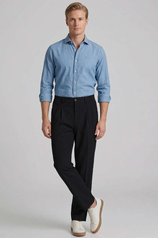 Pantalon homme en lin plissé avec détail élastique noir