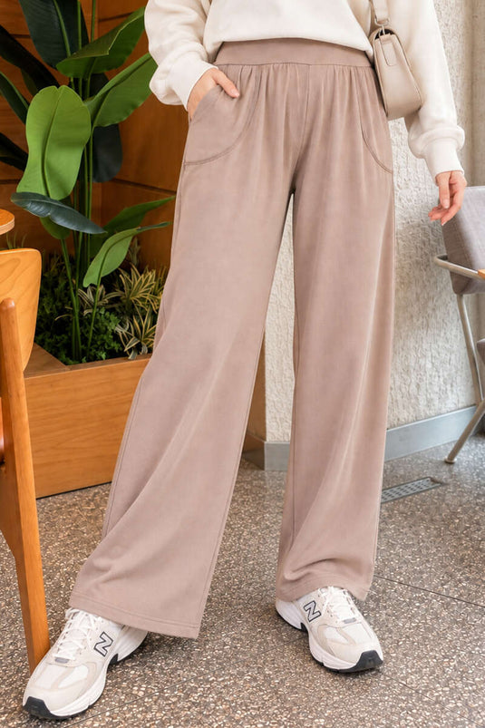 Pantalon Large Beige À Taille Élastiquée