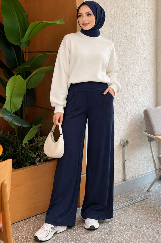 Pantalon Large Élastiqué Marine