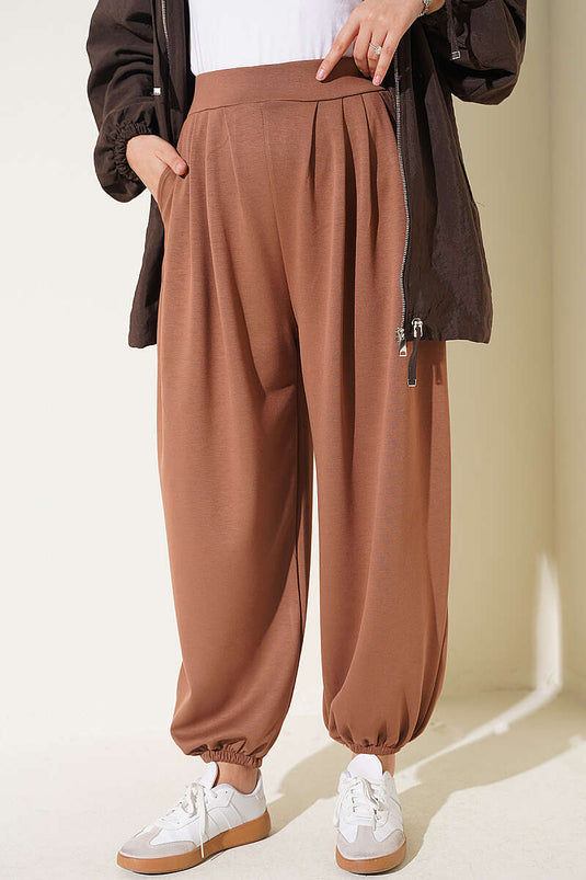 Bel Lastik Detaylı Şalvar Pantolon Latte