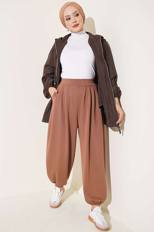 Bel Lastik Detaylı Şalvar Pantolon Latte