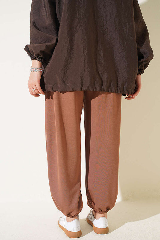 Bel Lastik Detaylı Şalvar Pantolon Latte
