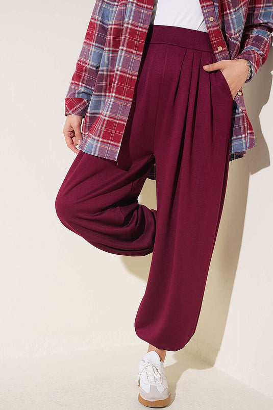 Bel Lastik Detaylı Şalvar Pantolon Mürdüm