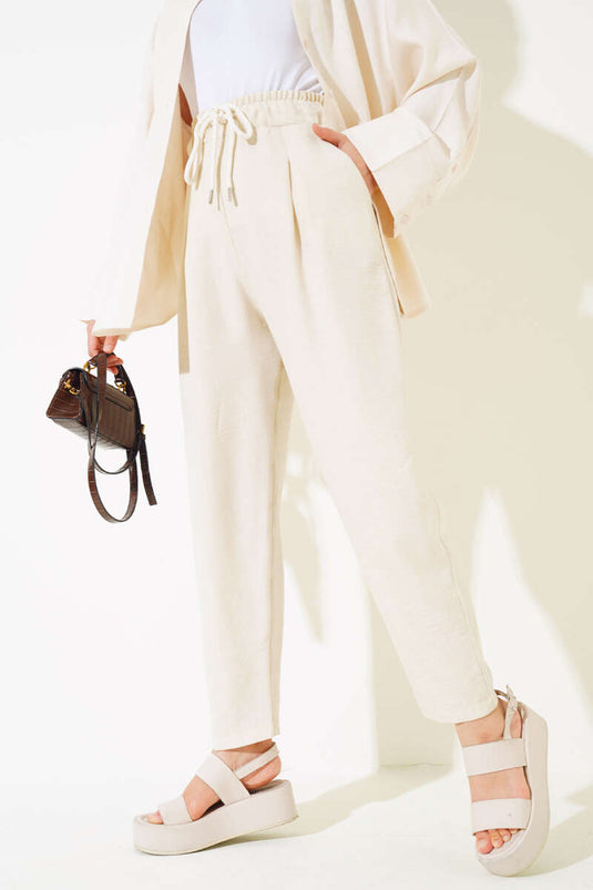 Waist Elastic Tencel Trousers Beige