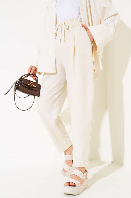 Waist Elastic Tencel Trousers Beige
