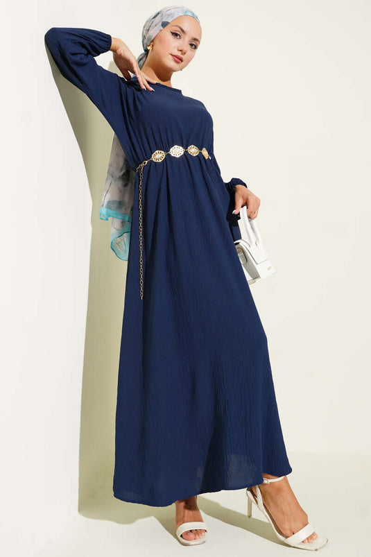 Bel Lastikli Ayrobin Basic Elbise Lacivert