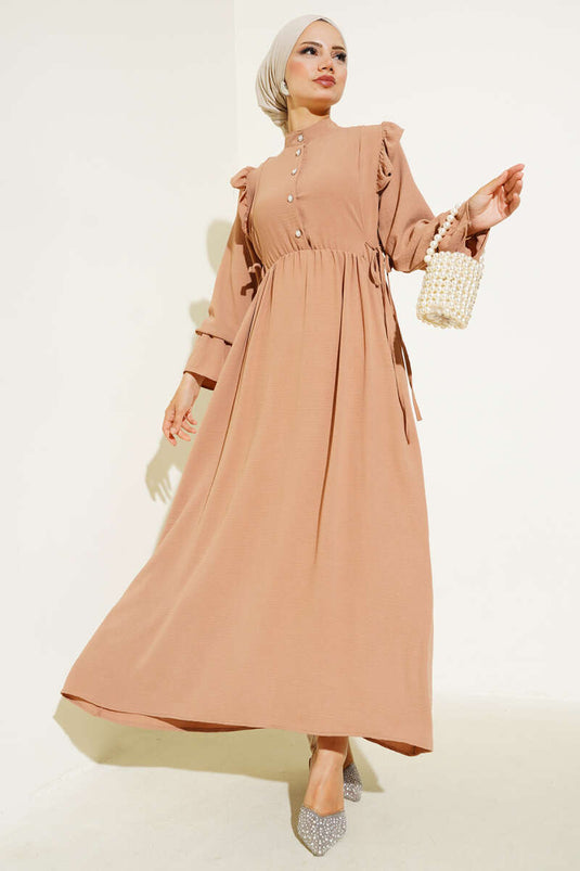 Bel Lastikli Ayrobin Elbise Camel