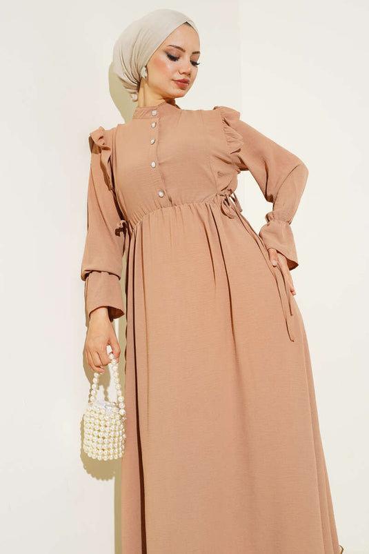 Bel Lastikli Ayrobin Elbise Camel
