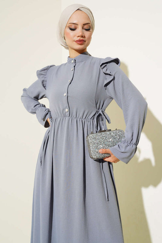 Bel Lastikli Ayrobin Elbise Kayrak Grisi