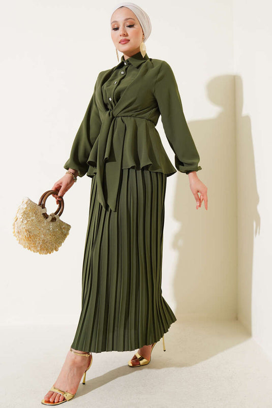 Khaki geplooide rokset met elastische tailleband