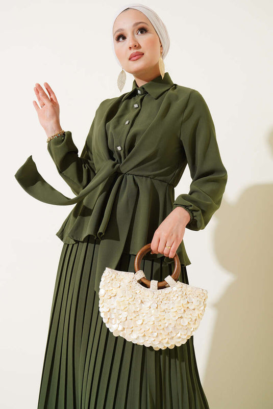 Khaki geplooide rokset met elastische tailleband