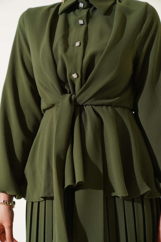 Khaki geplooide rokset met elastische tailleband