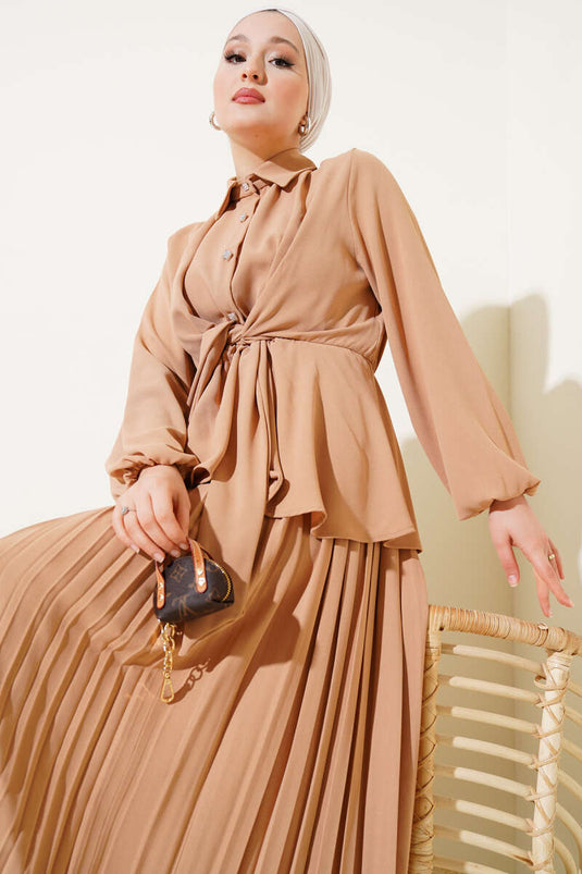 Elastic Waist Tied Pleated Skirt Set Latte