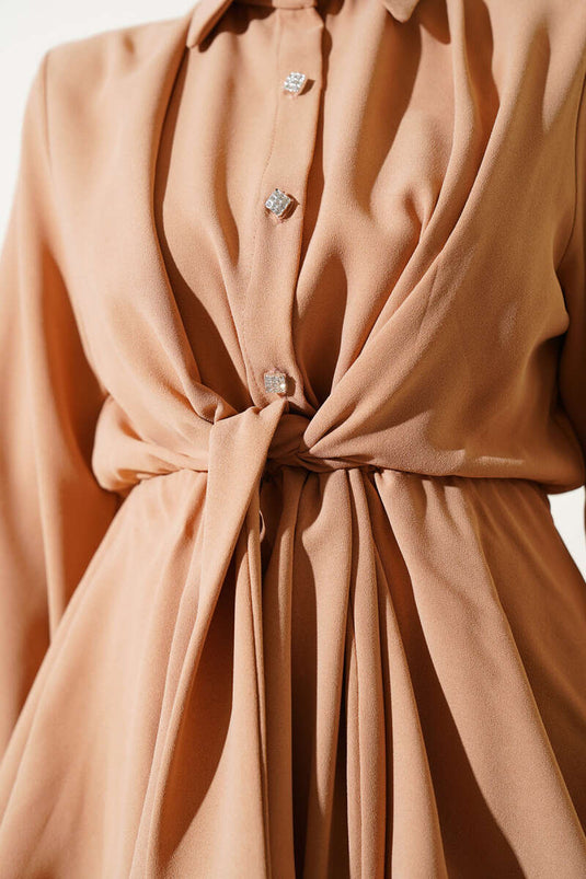 Elastic Waist Tied Pleated Skirt Set Latte