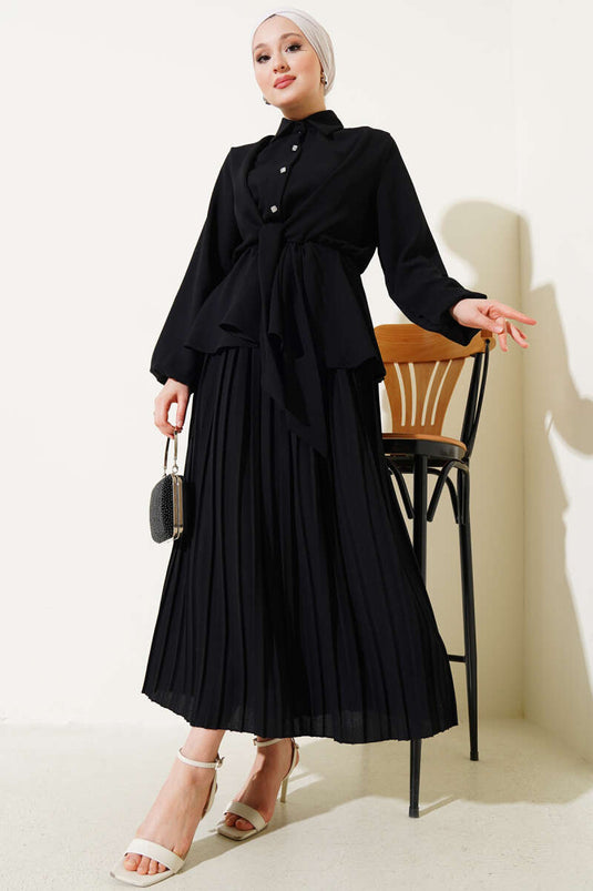 Elastic Waist Tied Pleated Skirt Suit Black