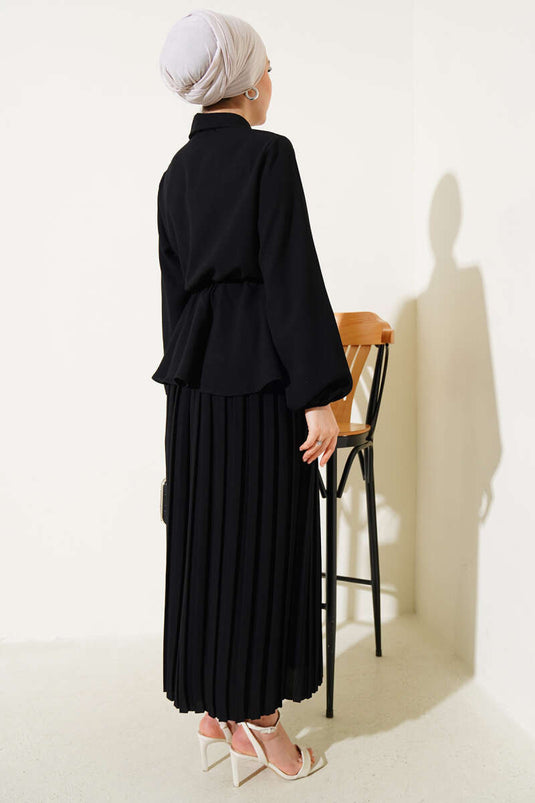 Elastic Waist Tied Pleated Skirt Suit Black