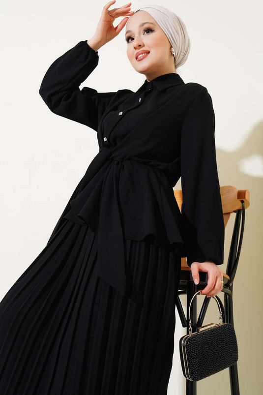 Elastic Waist Tied Pleated Skirt Suit Black