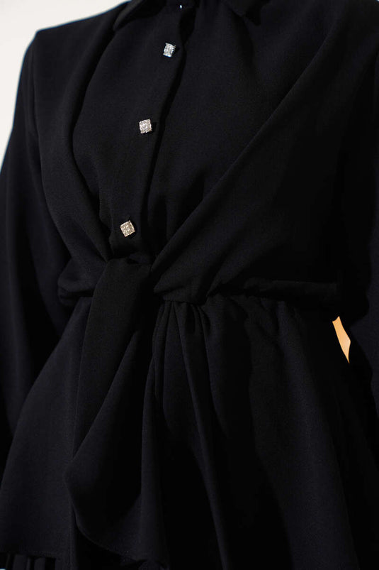 Elastic Waist Tied Pleated Skirt Suit Black