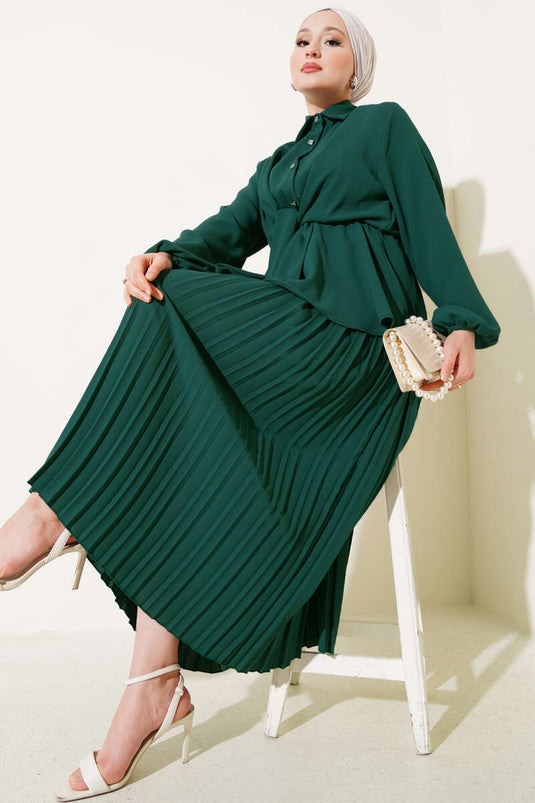 Faltenrock mit elastischer Taille und Bindeband Grün