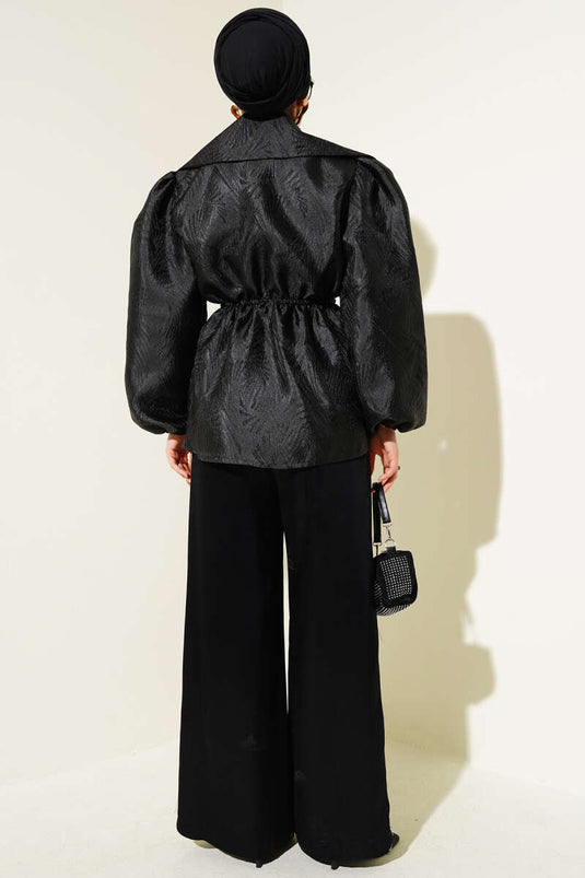 Elastic Waist Balloon Sleeve Jacquard Jacket Black