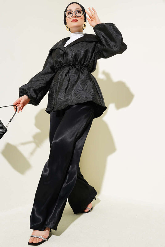 Elastic Waist Balloon Sleeve Jacquard Jacket Black