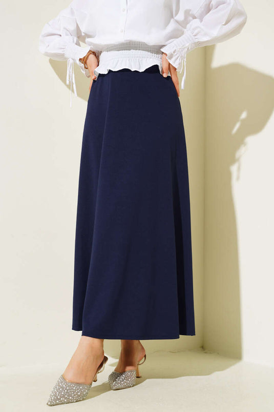 Basic Bell Skirt with Elastic Waist, Navy Blue