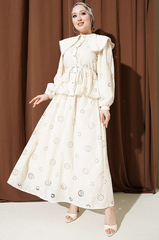 Beige Set with Elastic Waist, Baby Collar, and Embroidered Skirt