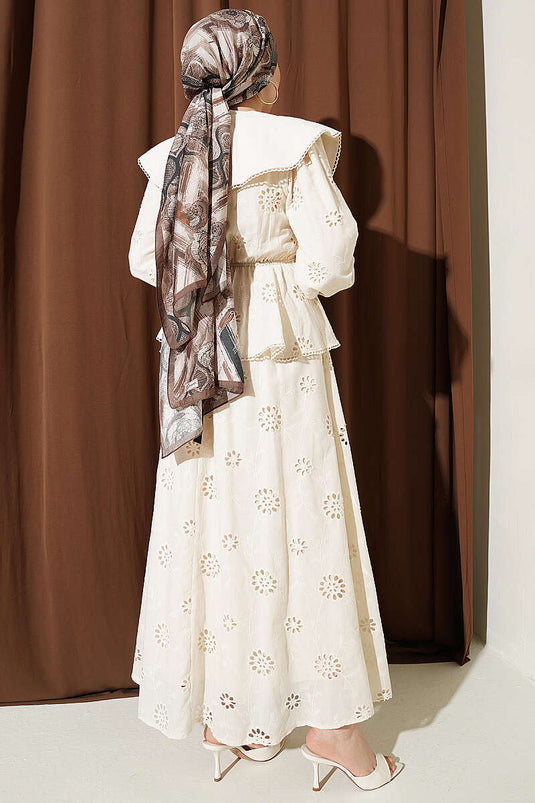 Beige Set with Elastic Waist, Baby Collar, and Embroidered Skirt