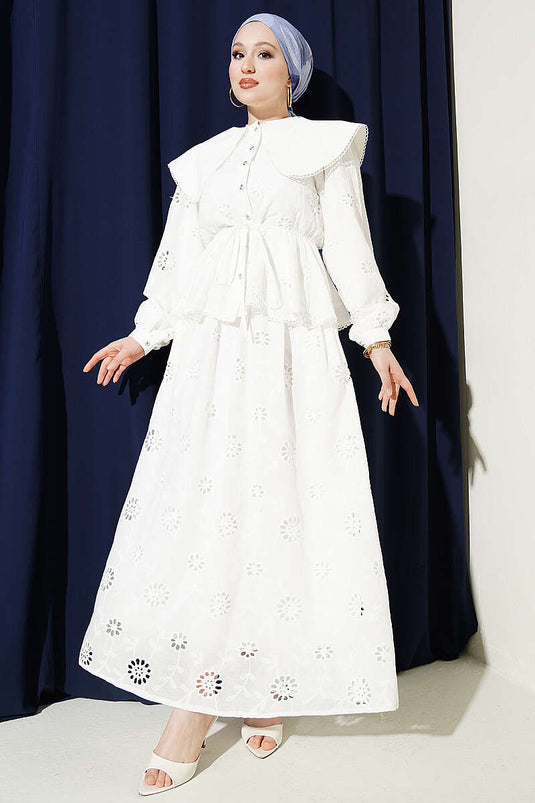 White Set with Elastic Waist, Baby Collar, Embroidered Skirt