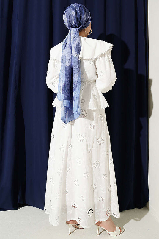 White Set with Elastic Waist, Baby Collar, Embroidered Skirt