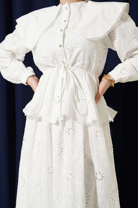 White Set with Elastic Waist, Baby Collar, Embroidered Skirt