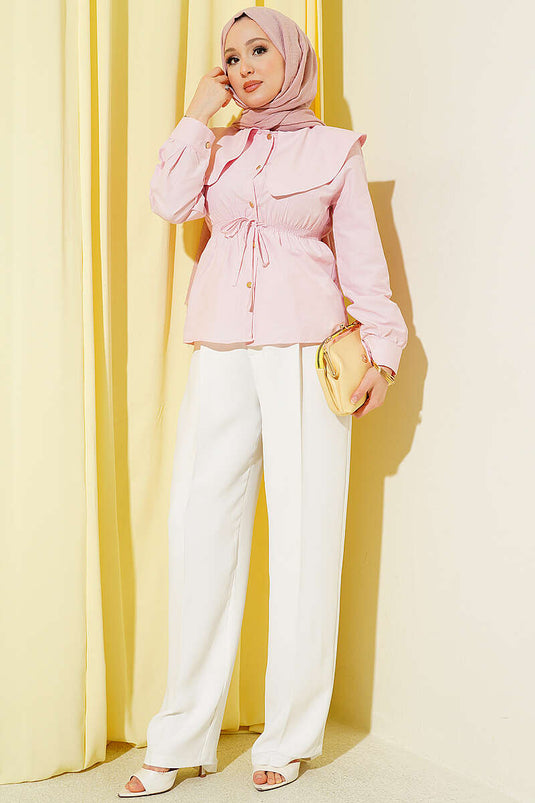 Belted Baby Collar Short Shirt Pink