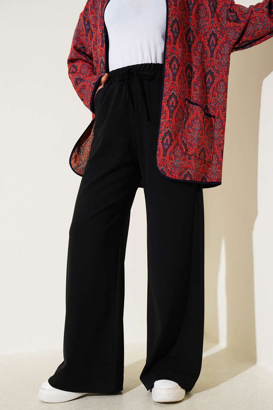 Elastic Waist Wide Leg Trousers Black