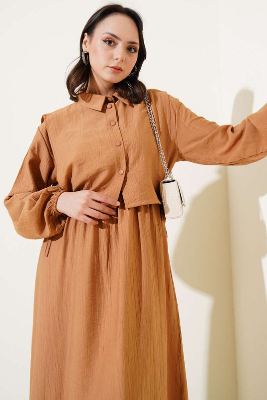 Bel Lastikli Bolerolu Elbise Latte