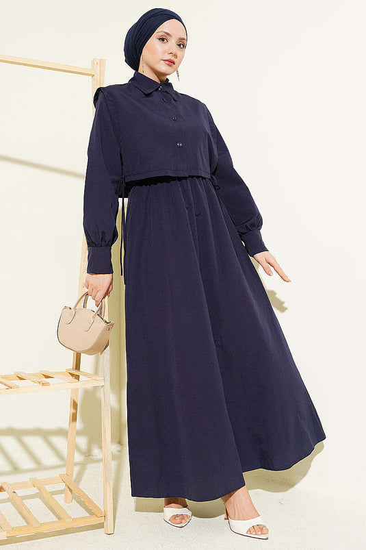 Navy Terikoton Dress with Belt and Elastic Waist