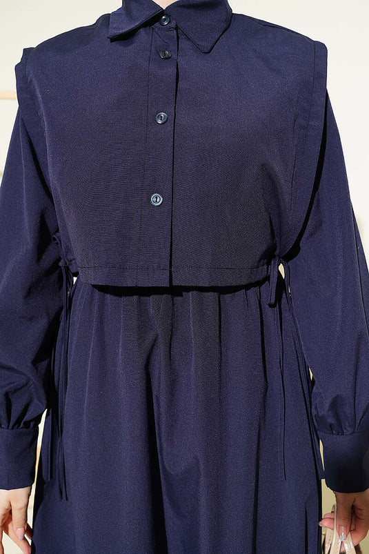 Navy Terikoton Dress with Belt and Elastic Waist